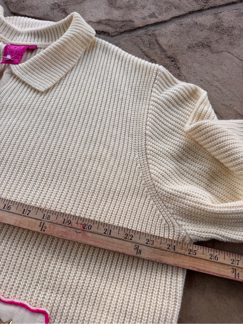 Queen of Sparkles Christmas Tree Rhinestone Pocket Cardigan Sweater Cream L - Picture 15 of 16